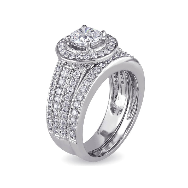 Diamond Halo Engagement Ring and Wedding Band Set 1.50 Carat (ctw) in 14K White Gold Image 2