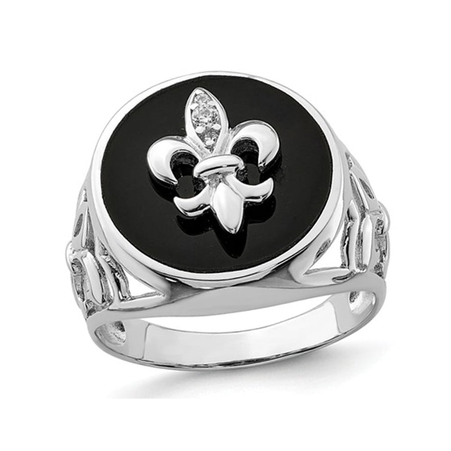 Mens Fleur De Lis Synthetic Cubic Zirconia (CZ) and Black Onyx Ring in Sterling Silver Image 1