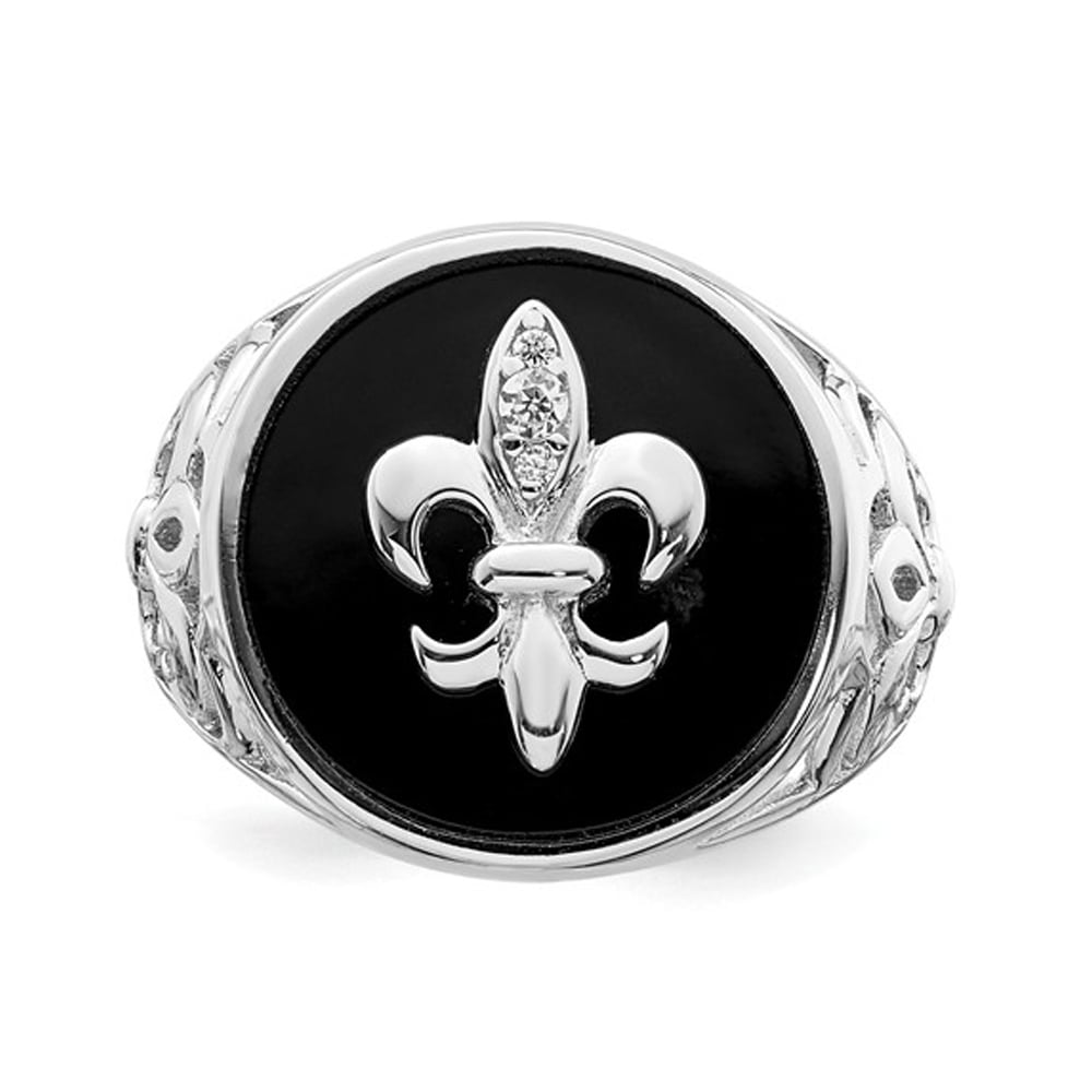 Mens Fleur De Lis Synthetic Cubic Zirconia (CZ) and Black Onyx Ring in Sterling Silver Image 2