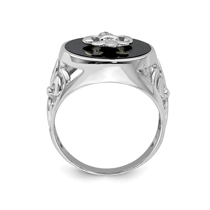 Mens Fleur De Lis Synthetic Cubic Zirconia (CZ) and Black Onyx Ring in Sterling Silver Image 4