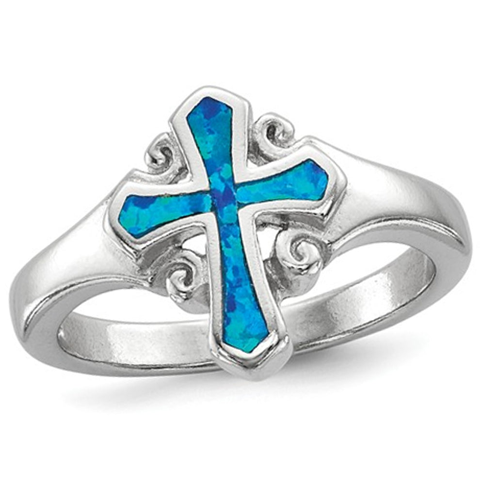 Lab Created Blue Opal Sterling Silver Cross Ring Image 1