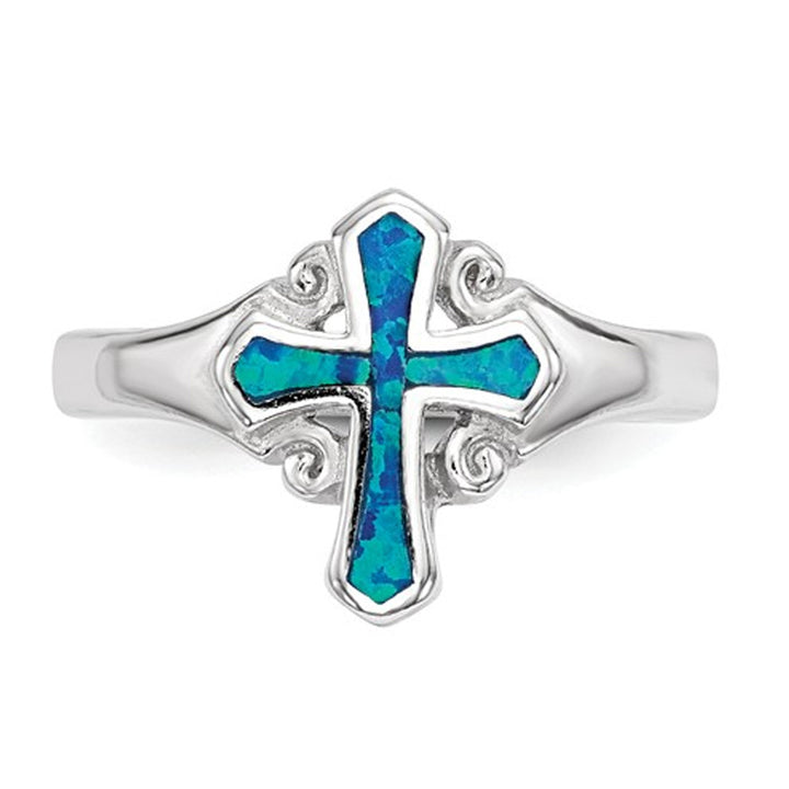 Lab Created Blue Opal Sterling Silver Cross Ring Image 2