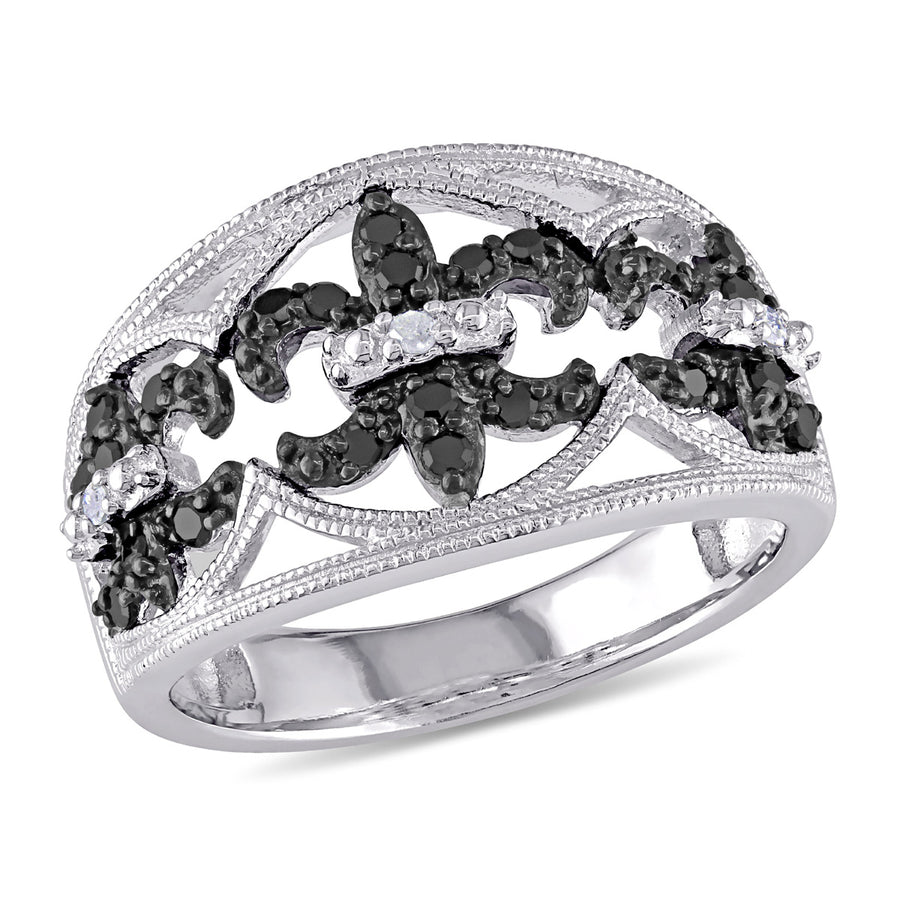 1/4 Carat (ctw) Black and White Fleur De Lys Diamond Ring in Sterling Silver Image 1