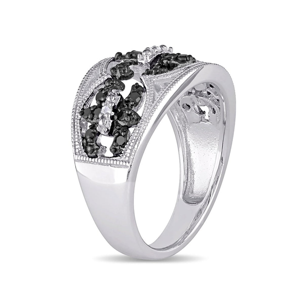 1/4 Carat (ctw) Black and White Fleur De Lys Diamond Ring in Sterling Silver Image 2