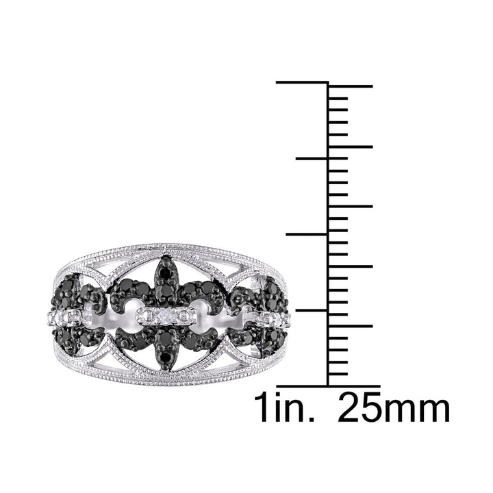 1/4 Carat (ctw) Black and White Fleur De Lys Diamond Ring in Sterling Silver Image 4