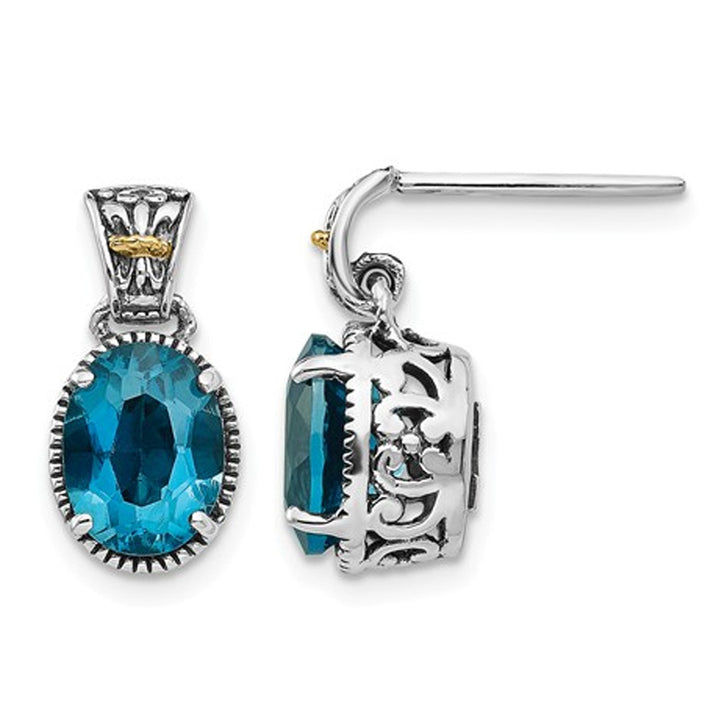 3.20 Carat (ctw) London Blue Topaz Dangle Post Earrings in Sterling Silver with 14K Gold Accent Image 1