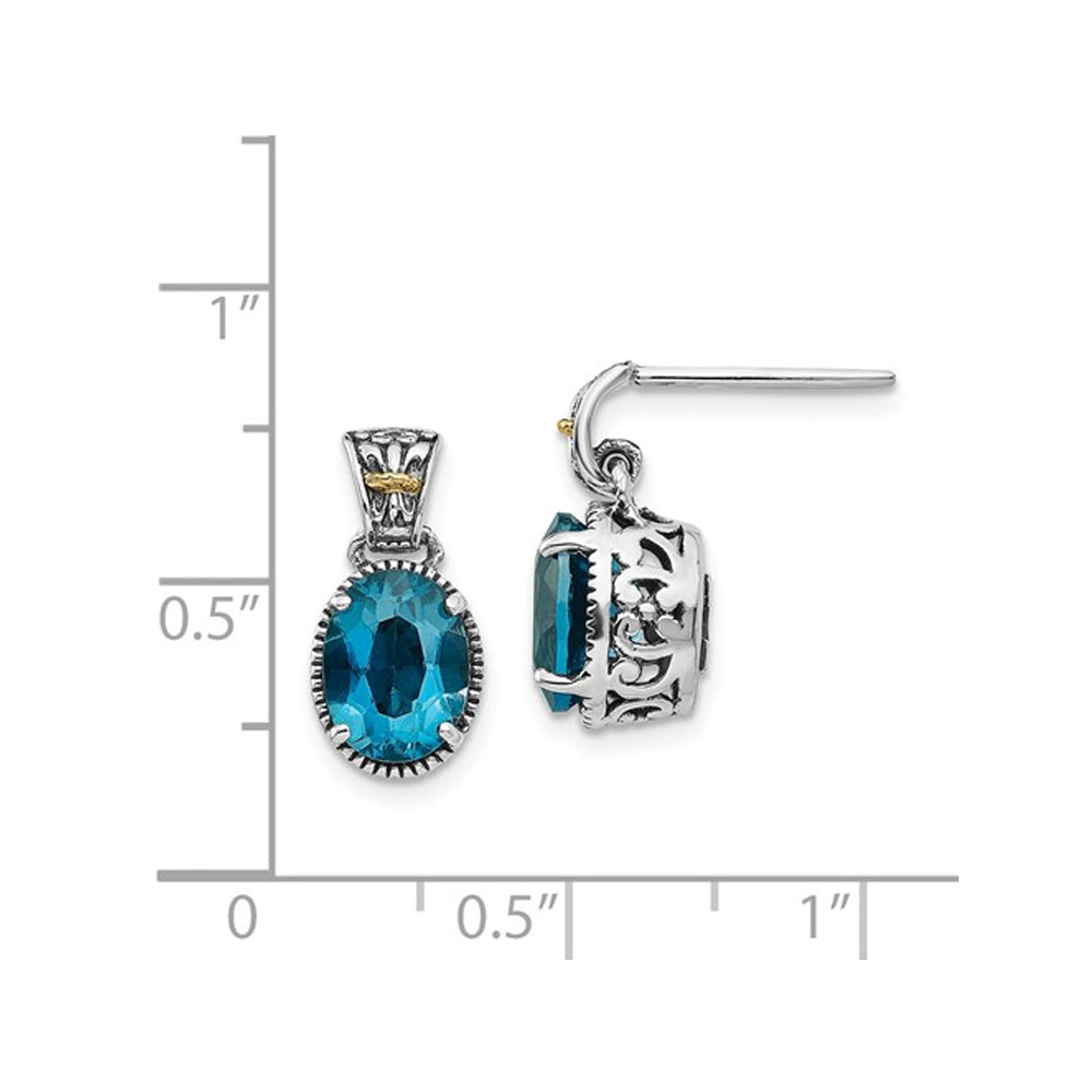 3.20 Carat (ctw) London Blue Topaz Dangle Post Earrings in Sterling Silver with 14K Gold Accent Image 2