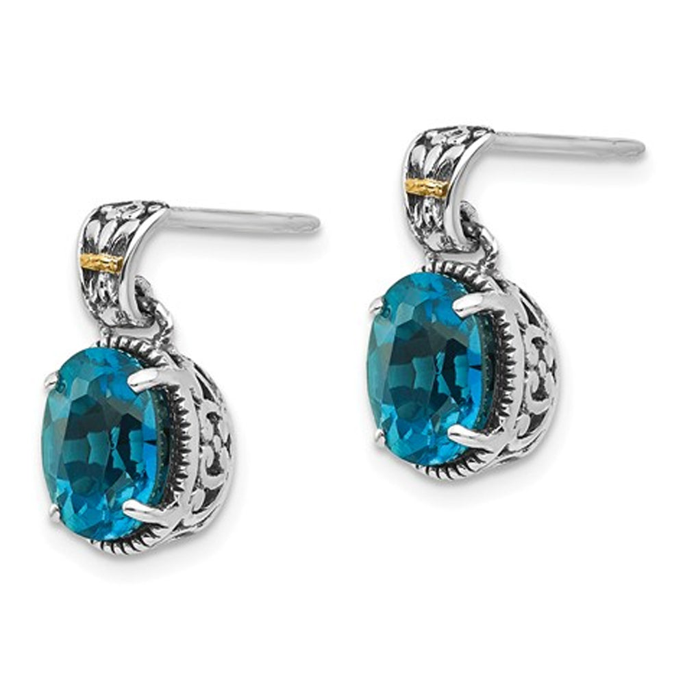 3.20 Carat (ctw) London Blue Topaz Dangle Post Earrings in Sterling Silver with 14K Gold Accent Image 3