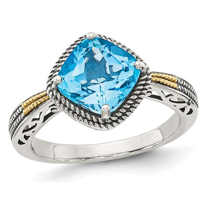 2.70 Carat (ctw) Swiss Blue Topaz Ring in Sterling Silver with 14K Gold Accent Image 1