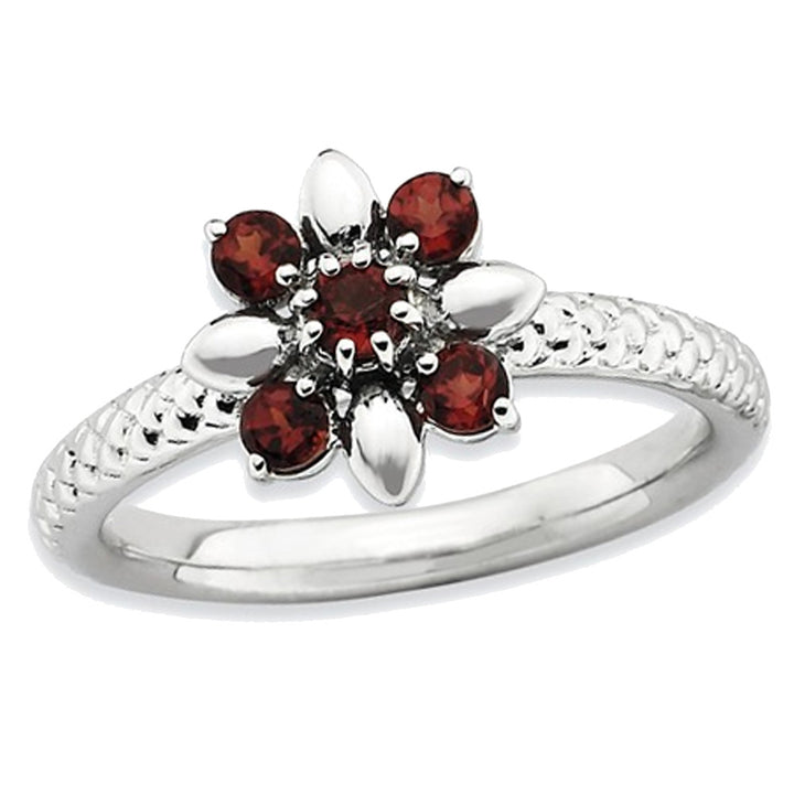 Natural Garnet Flower Ring 2/3 Carat (ctw) in Sterling Silver Image 1