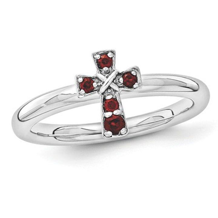 1/7 Carat (ctw) Red Garnet Cross Ring in Sterling Silver Image 1