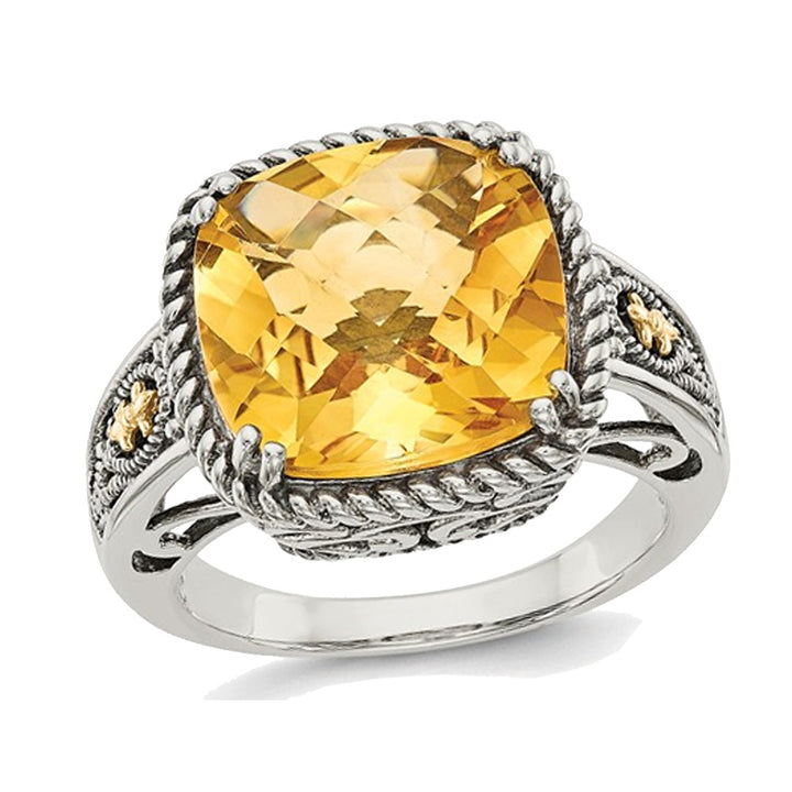 5.85 Carat (ctw) Antiqued Natural Citrine Ring Sterling Silver with 14K Gold Accents Image 1