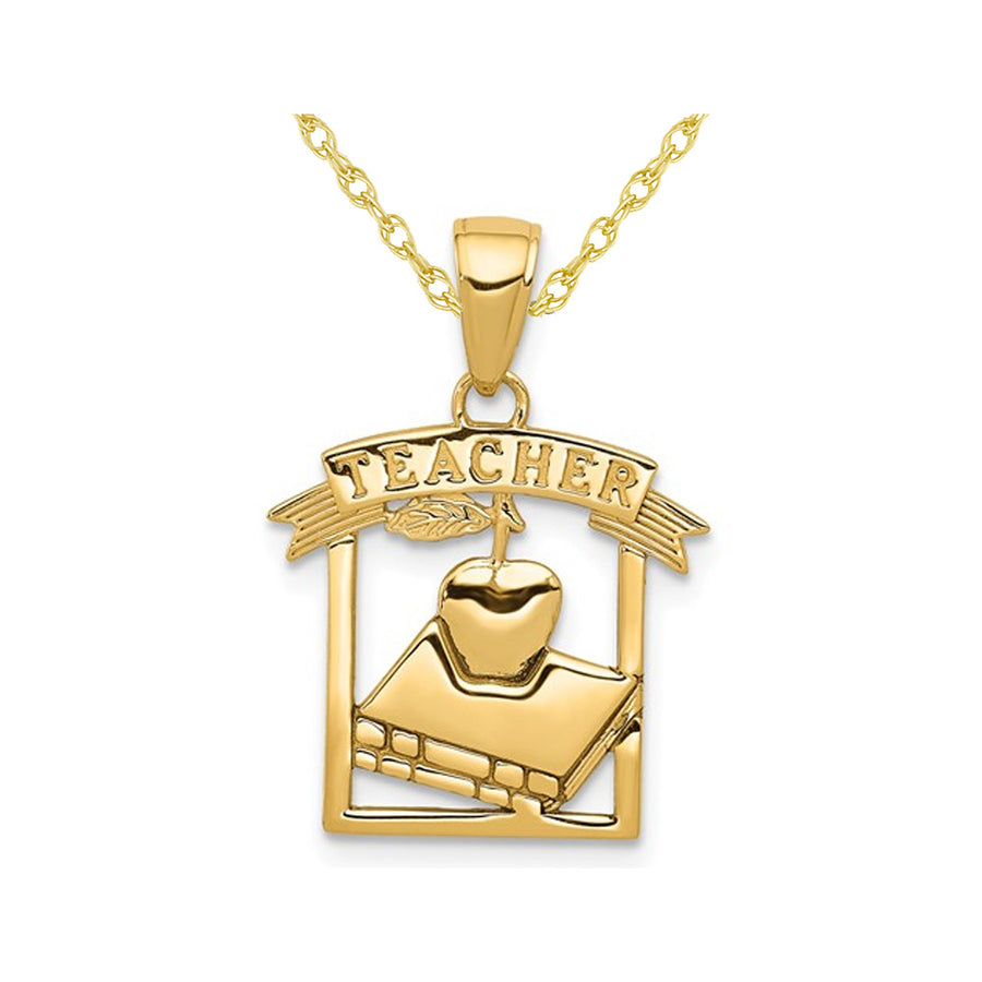 14K Yellow Gold Teacher Apple and Book Charm Pendant Necklace with Chain Image 1