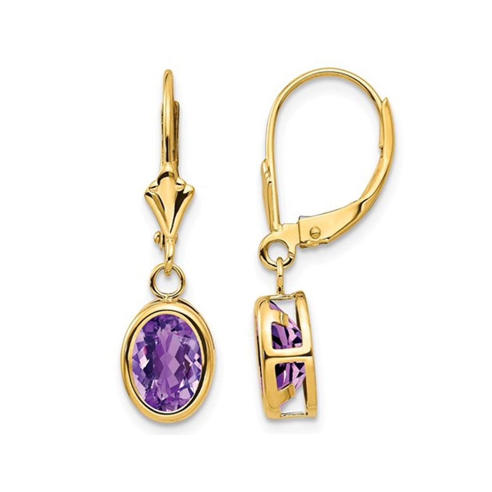 2.1 Carat (ctw) Oval Amethyst Dangle Drop Leverback Earrings in 14K Yellow Gold Image 1