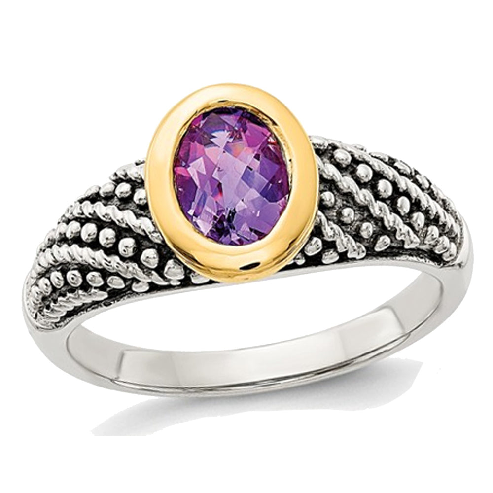 4/5 Carat (ctw) Natural Amethyst Ring in Sterling Silver with 14K Gold Accents Image 1