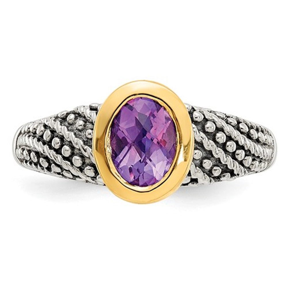 4/5 Carat (ctw) Natural Amethyst Ring in Sterling Silver with 14K Gold Accents Image 2