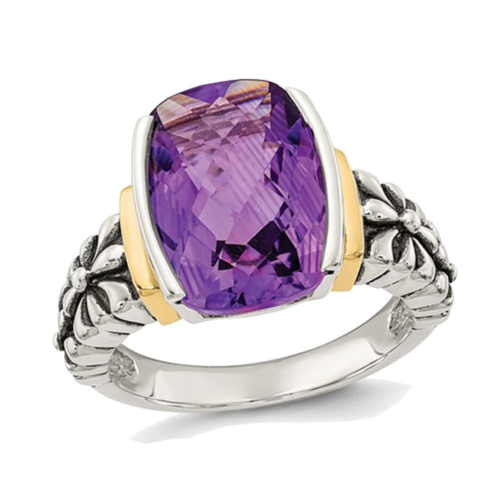 5.20 Carat (ctw) Natural Amethyst Ring in Sterling Silver with 14K Gold Accents Image 1