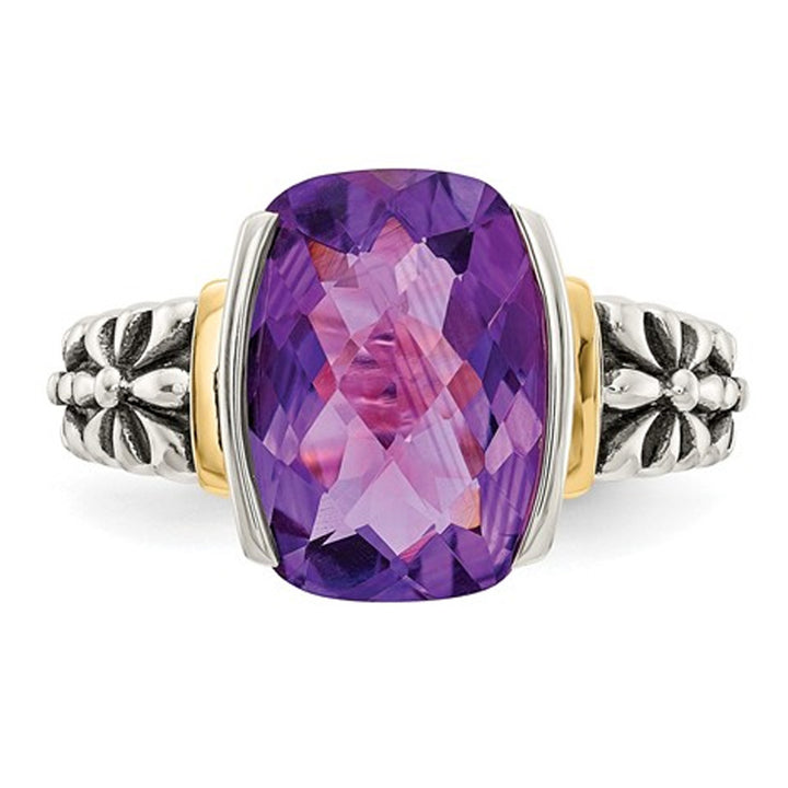 5.20 Carat (ctw) Natural Amethyst Ring in Sterling Silver with 14K Gold Accents Image 2