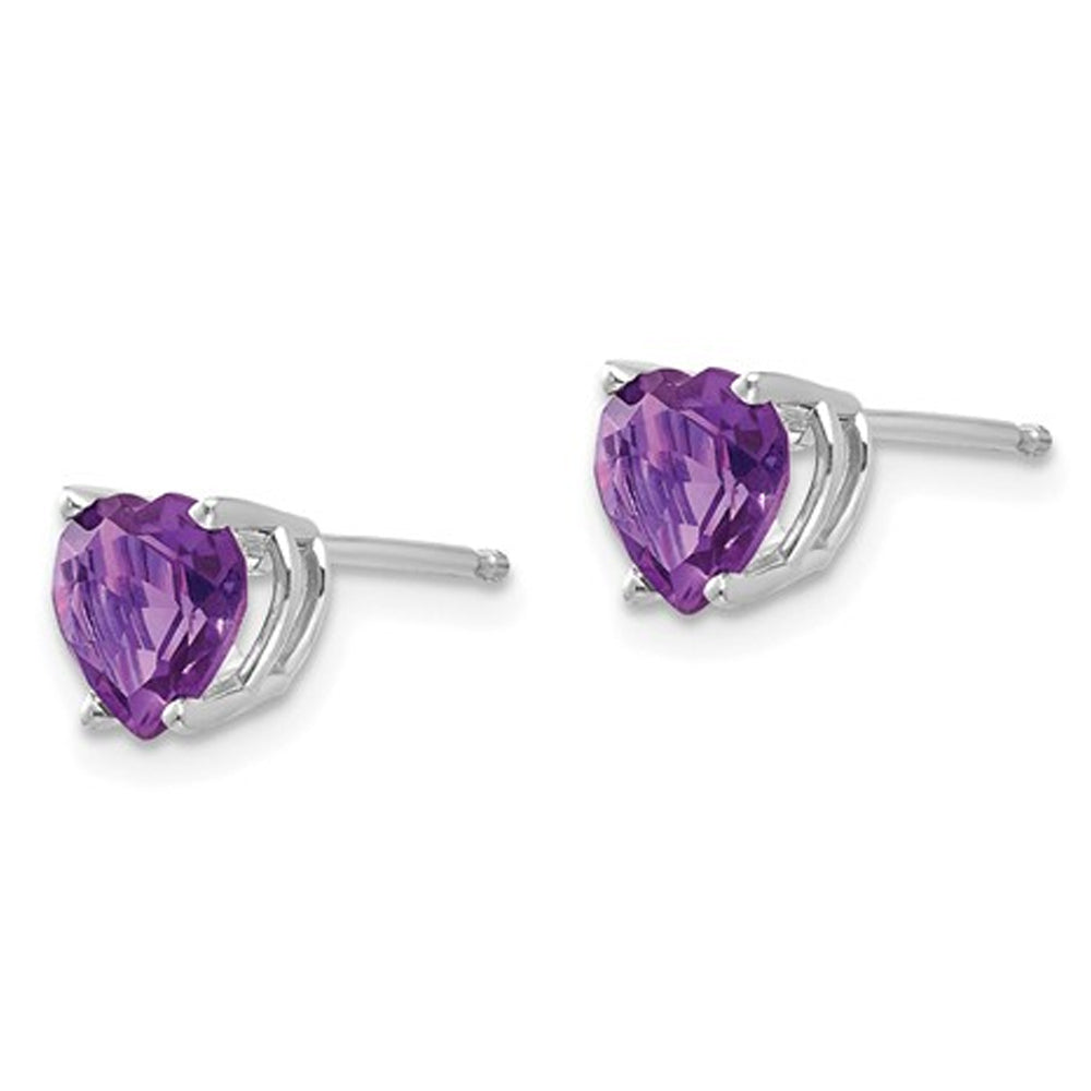 14K White Gold 6mm Solitaire Amethyst Heart Earrings 1.35 Carat (ctw) Image 3