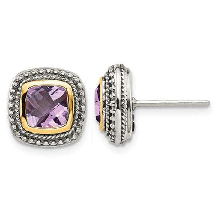 1.80 Carat (ctw) Natural Amethyst Post Earrings in Sterling Silver with 14K Gold Accents Image 1