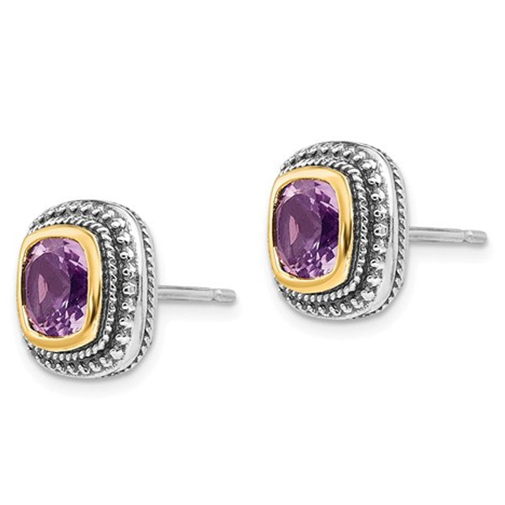 1.80 Carat (ctw) Natural Amethyst Post Earrings in Sterling Silver with 14K Gold Accents Image 3