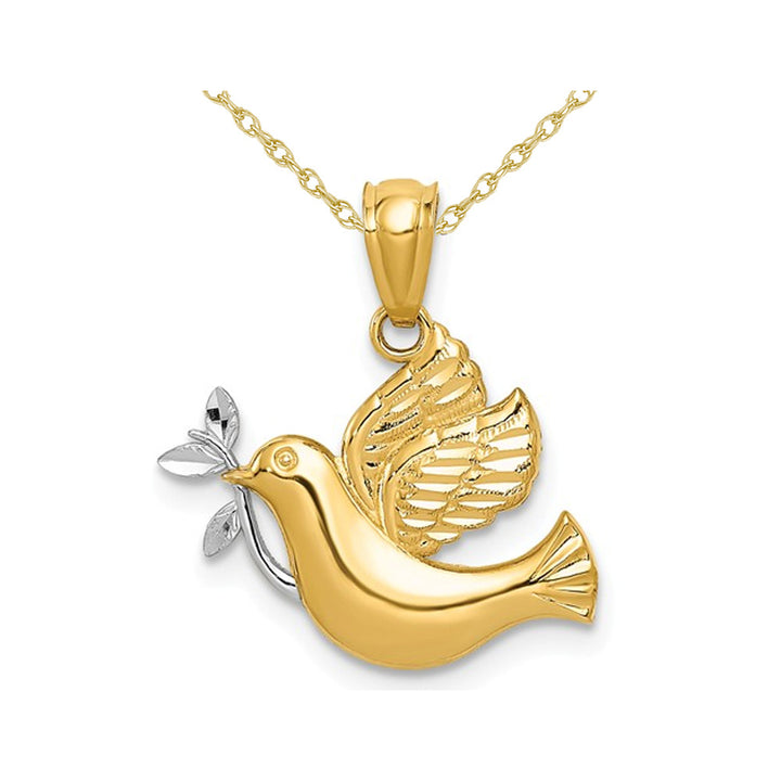 14K Yellow Gold Dove and Olive Branch Charm Pendant Necklace with Chain Image 1