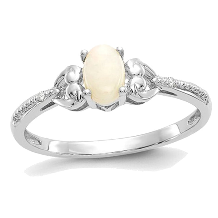 1/5 Carat (ctw) Natural Oval Opal Ring in 10K White Gold Image 1