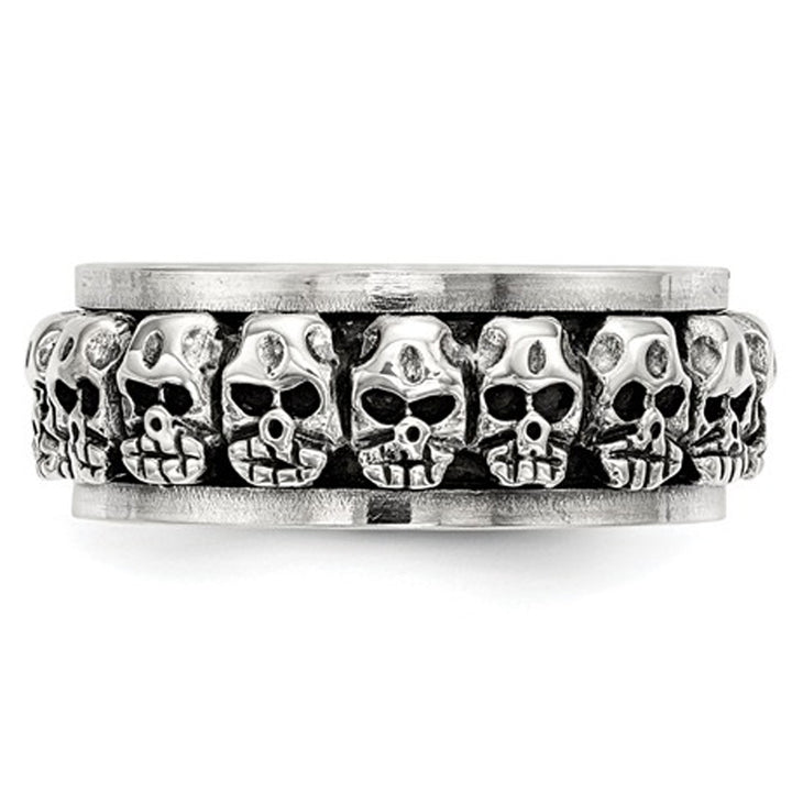 Mens Antiqued Polished Skull Ring in Sterling Silver with Spinning Center Image 2