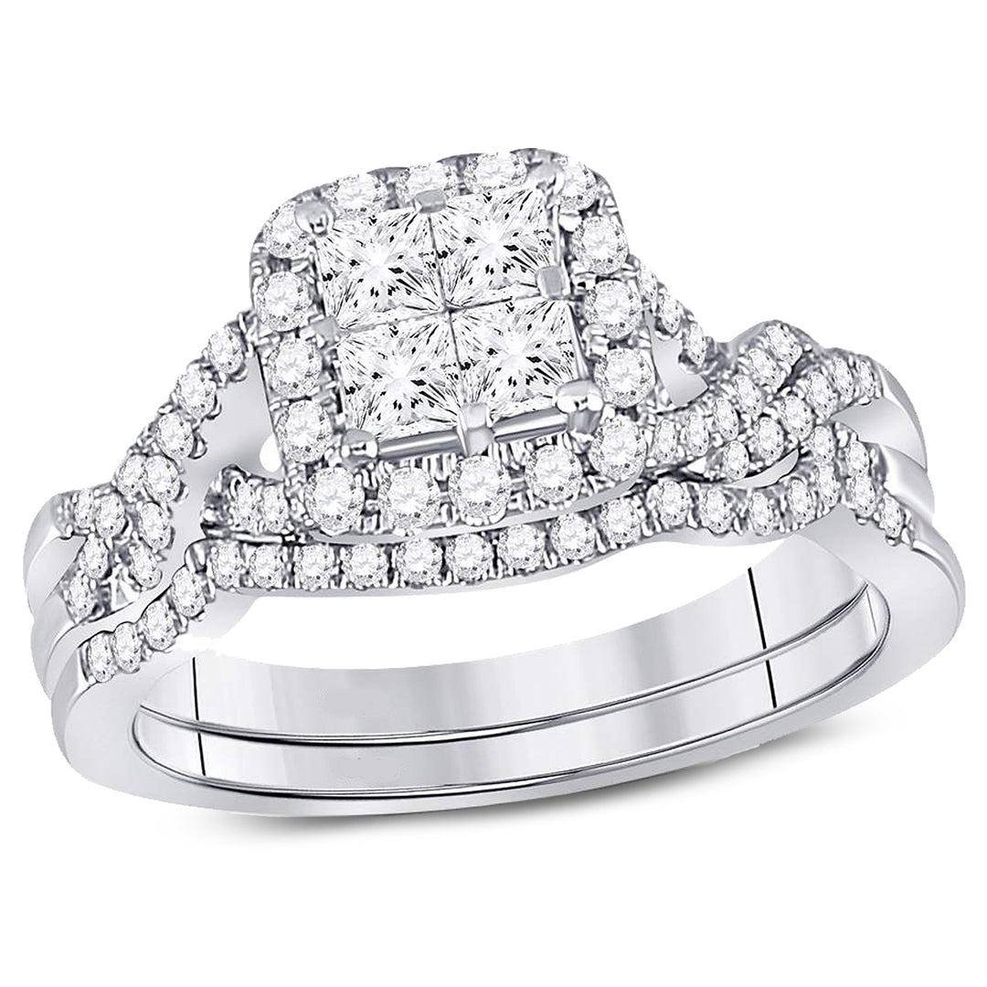 1.00 Carat (Color H-II1-I2) Princess Cut Diamond Engagement Ring Bridal Wedding Set in 10K White Gold Image 1