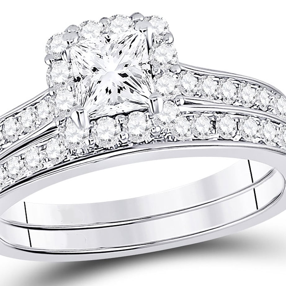 1.25 Carat (ctw G-H I1) Princess-Cut Halo Diamond Engagement Ring Bridal Wedding Set in 14K White Gold Image 1