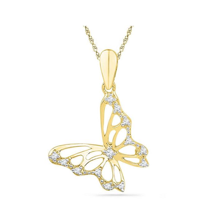 10K Yellow Gold Butterfly Charm Pendant Necklace 1/12 Carat (ctw) Accent Diamond with Chain Image 1