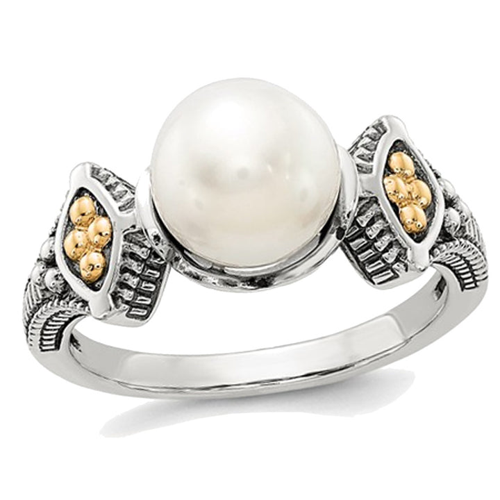 Freshwater Cultured White Pearl Ring 8mm in Sterling Silver with 14K Gold Accents Image 1