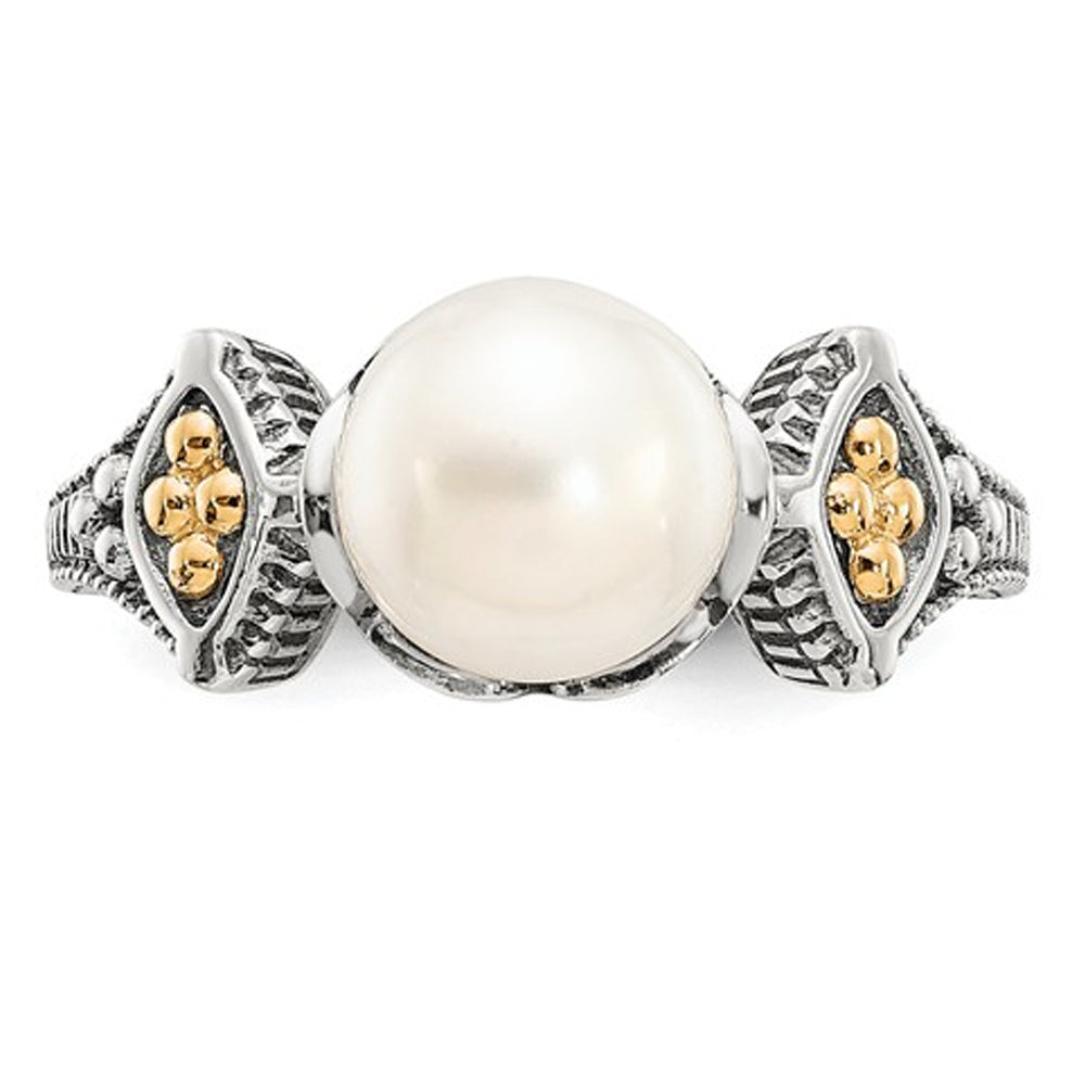Freshwater Cultured White Pearl Ring 8mm in Sterling Silver with 14K Gold Accents Image 2
