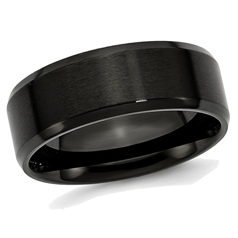 Mens Black Plated Stainless Steel 8mm Beveled Edge Wedding Band Image 1