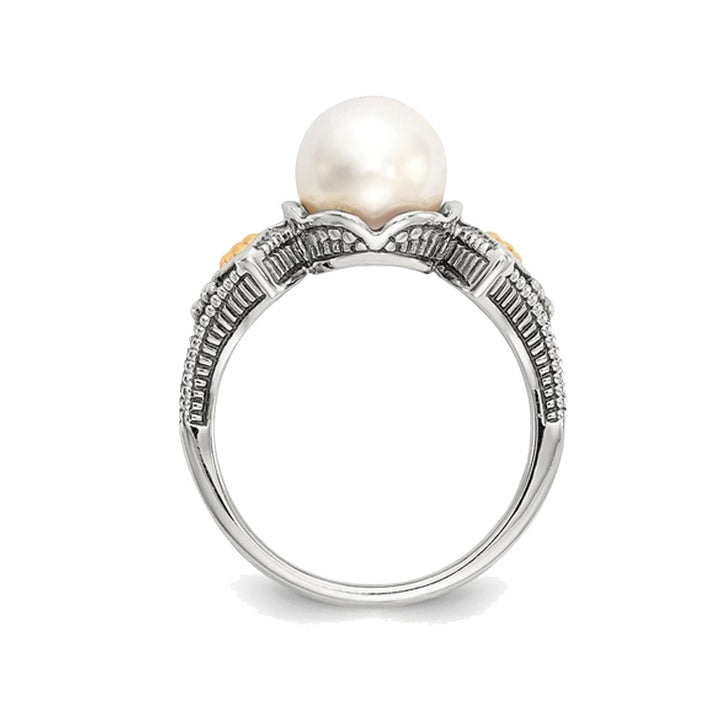 Freshwater Cultured White Pearl Ring 8mm in Sterling Silver with 14K Gold Accents Image 4