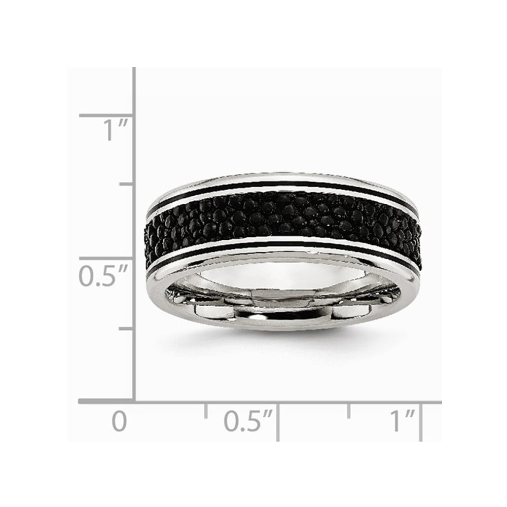 Mens Stainless Steel 8mm Grooved Stingray Inlay Wedding Band Ring Image 2