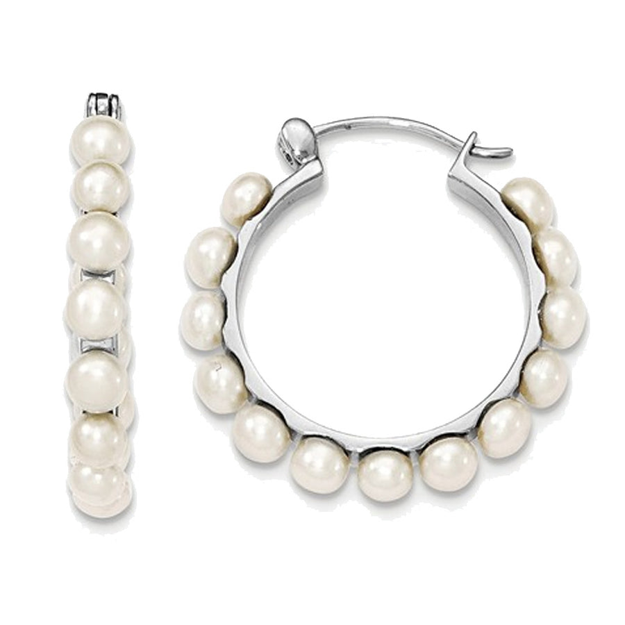 White Freshwater Cultured 4-5mm Pearl Hoop Earrings in Sterling Silver Image 1