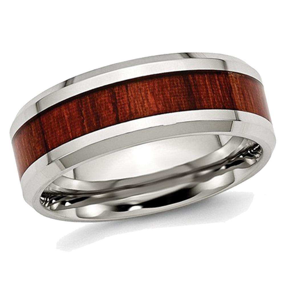 Mens Stainless Steel 8mm Polished Red Wood Inlay Wedding Band Ring Image 1