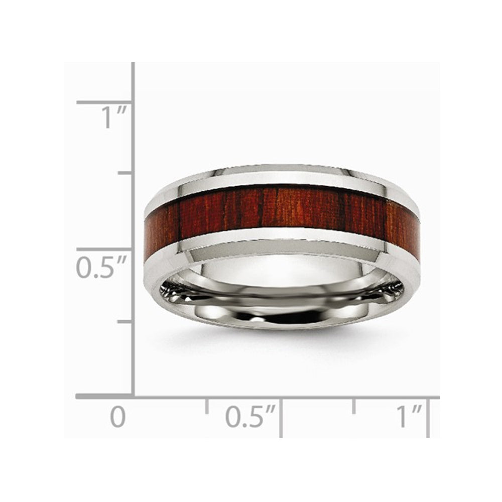 Mens Stainless Steel 8mm Polished Red Wood Inlay Wedding Band Ring Image 2