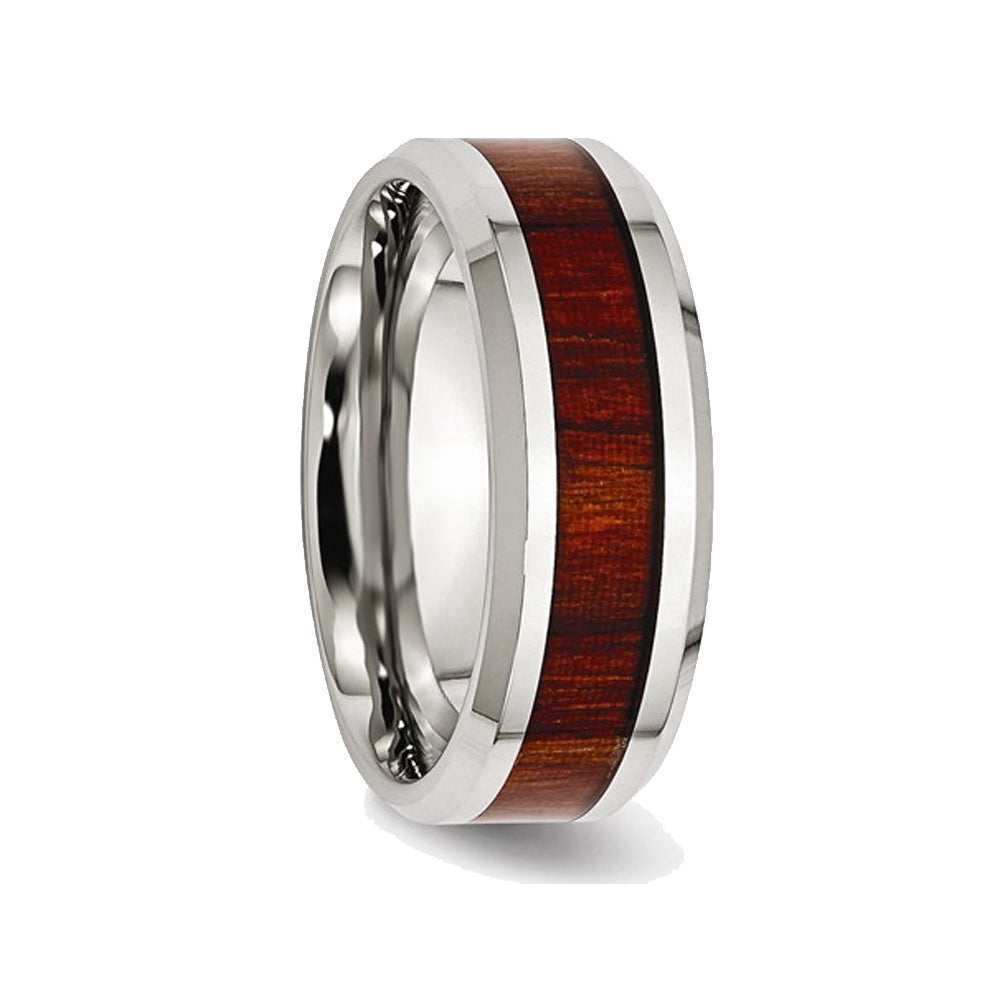 Mens Stainless Steel 8mm Polished Red Wood Inlay Wedding Band Ring Image 3