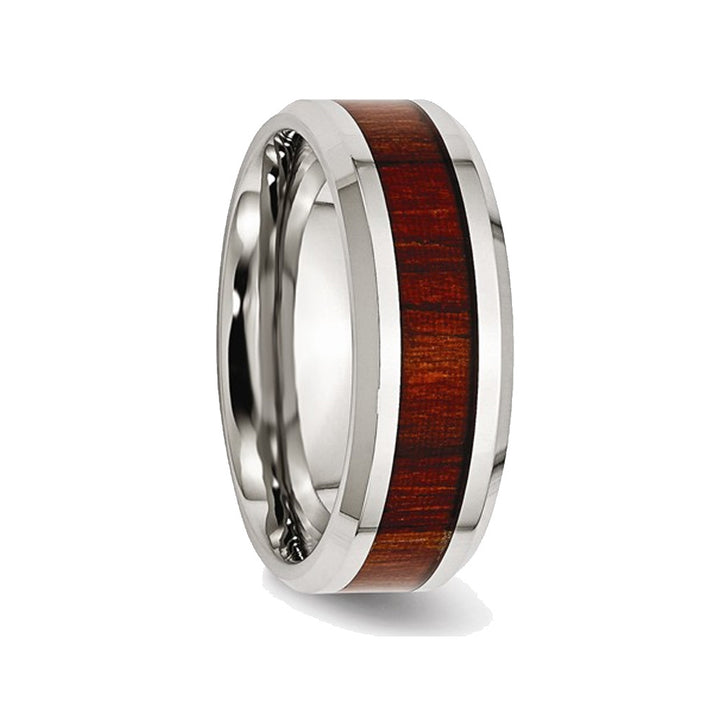 Mens Stainless Steel 8mm Polished Red Wood Inlay Wedding Band Ring Image 3