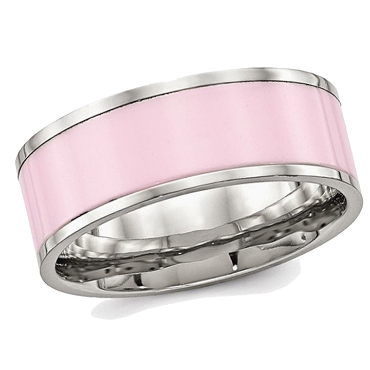 Ladies Pink Ceramic and Stainless Steel 7.5mm Polished Band Ring Image 1