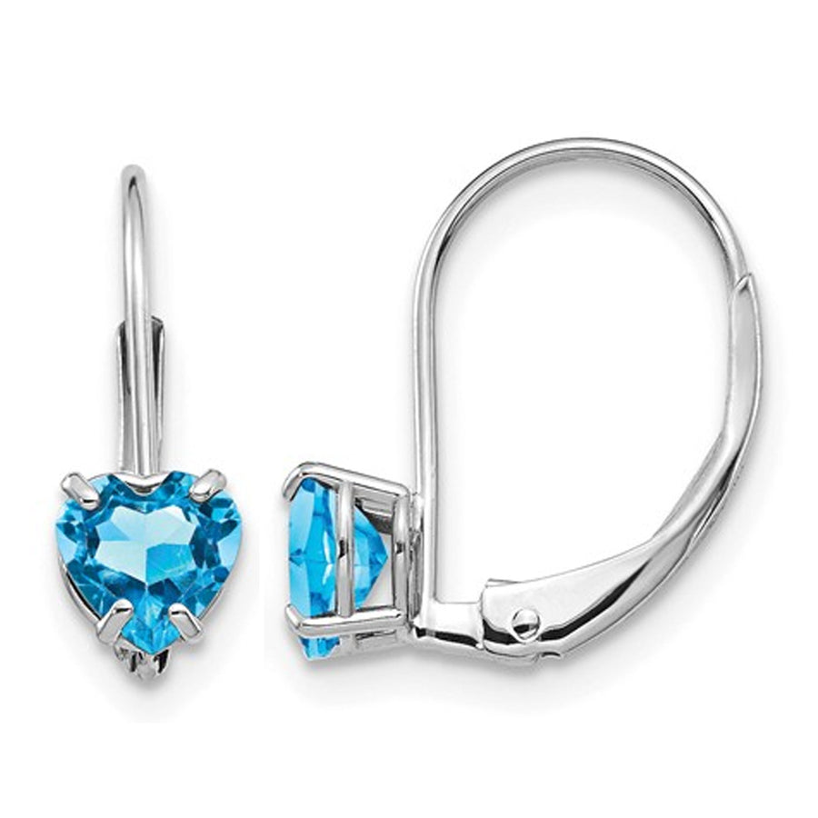 1.00 Carat (ctw) Blue Topaz Leverback Heart Earrings in 14K White Gold Image 1