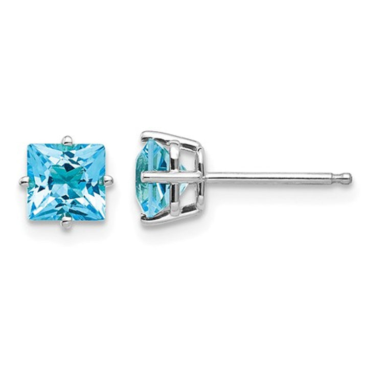 1.40 Carat (ctw) Natural Princess Cut Blue Topaz Stud Earrings in 14K White Gold Image 1