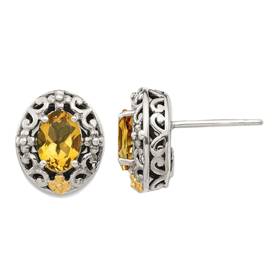 Natural Citrine 1.40 Carat (ctw) Post Earrings in Sterling Silver with 14K Gold Accents Image 1