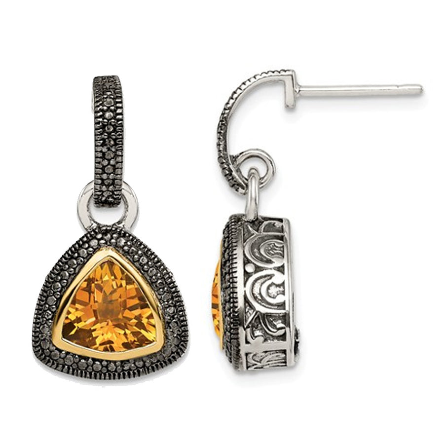 4.00 Carat (ctw) Citrine Dangle Post Earrings in Sterling Silver with 14K Gold Accents Image 1