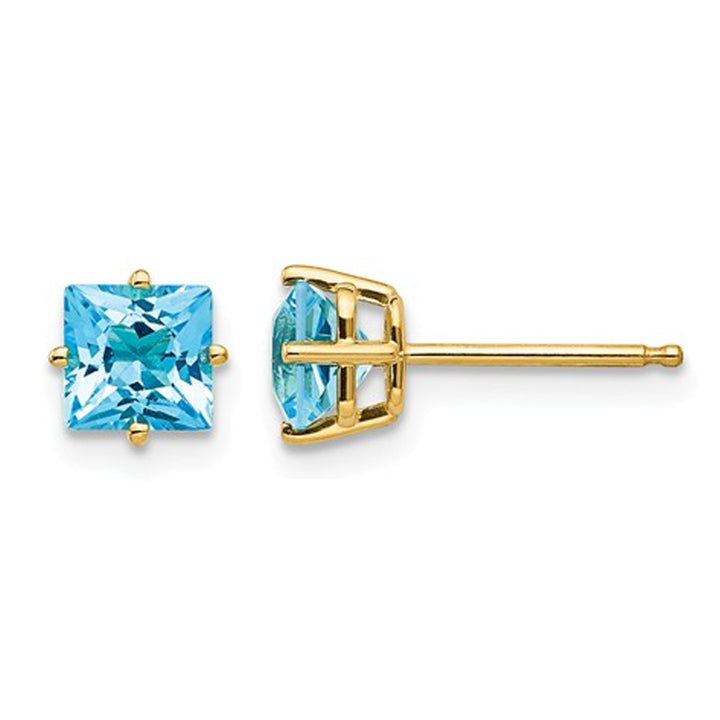 1.40 Carat (ctw) Natural Princess Cut Blue Topaz Stud Earrings in 14K Yellow Gold Image 1