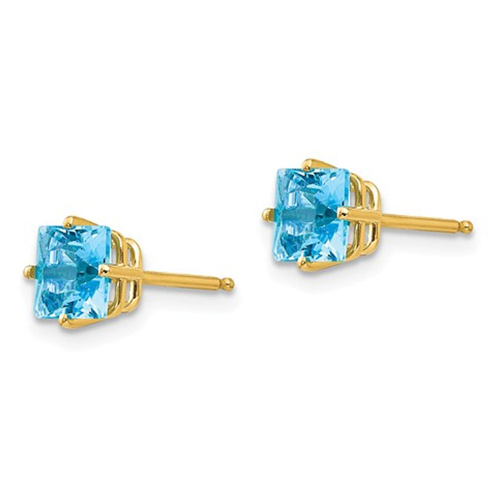 1.40 Carat (ctw) Natural Princess Cut Blue Topaz Stud Earrings in 14K Yellow Gold Image 3