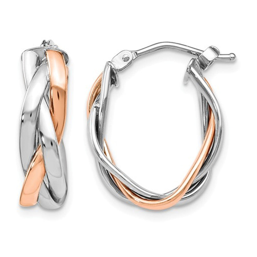 14K Rose Pink and White Gold Twisted Polished Hoop Earrings Image 1