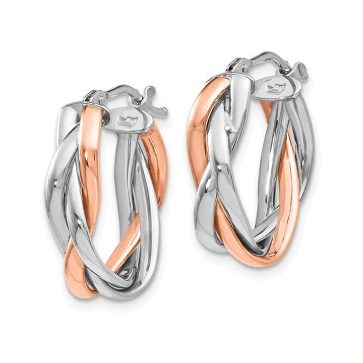 14K Rose Pink and White Gold Twisted Polished Hoop Earrings Image 3